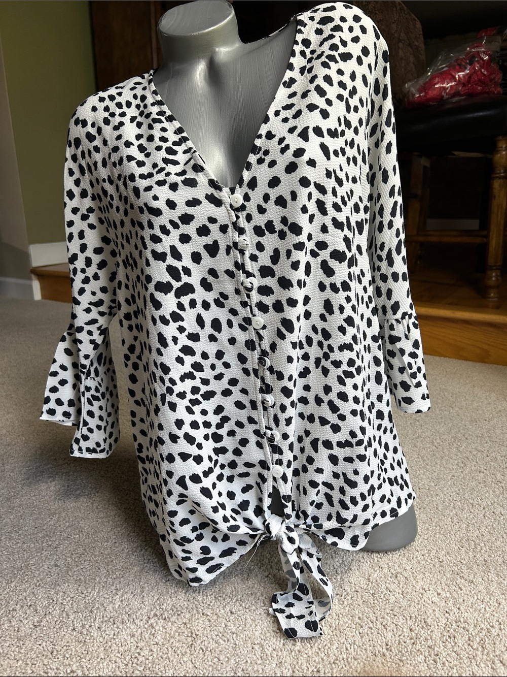 BLACK AND WHITE DALMATIAN PRINT BUTTON FRONT BLOUSE
